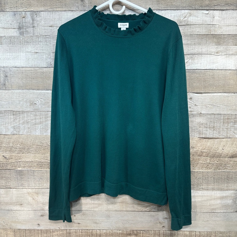J Crew Factory Women Drk Green 100% Cotton Ruffle Trim Collar Pullover Sweater L